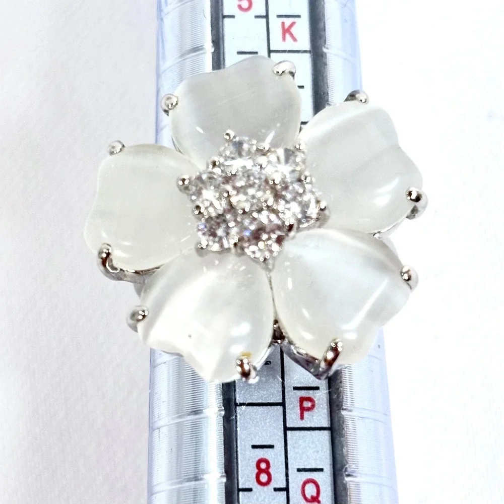 J Goodin Floral Nouveau Ring White Cats Eye Cubic Zirconia Silver Tone Size 6.75